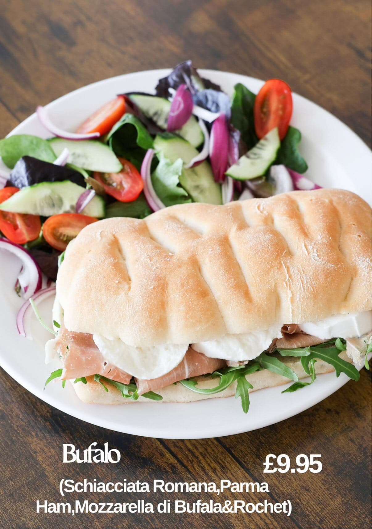 Bufalo panino: schiacciata romana, parma ham and mozzarella di bufala at Roxy's