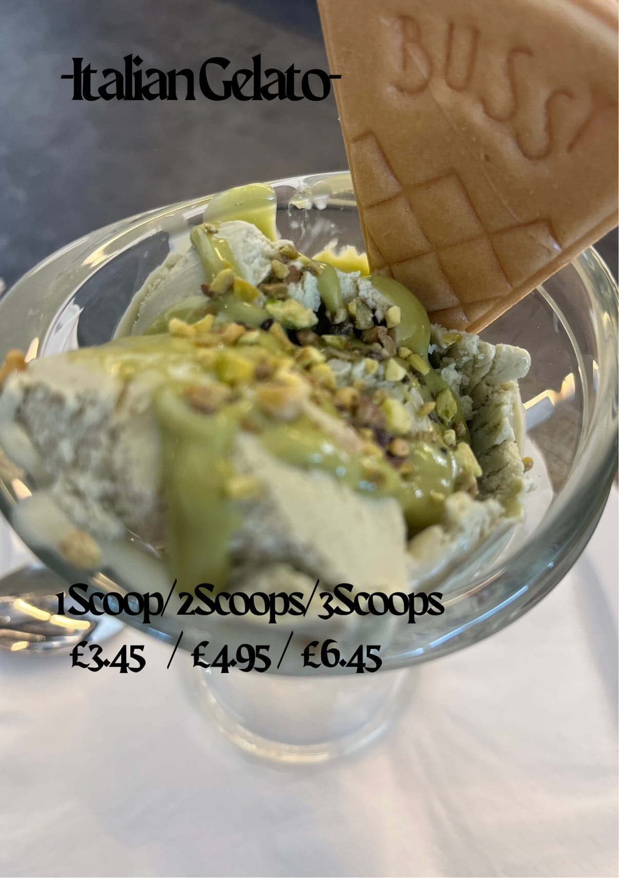 Italian pistachio gelato with wafer at Roxy's Cafe Southport