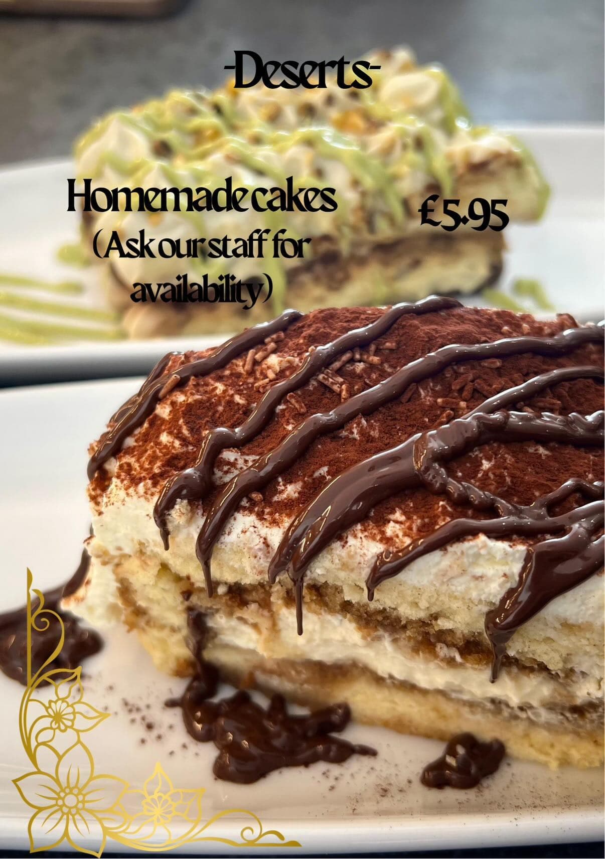 Homemade tiramisu and pistachio cake at Roxy's Cafe Southport