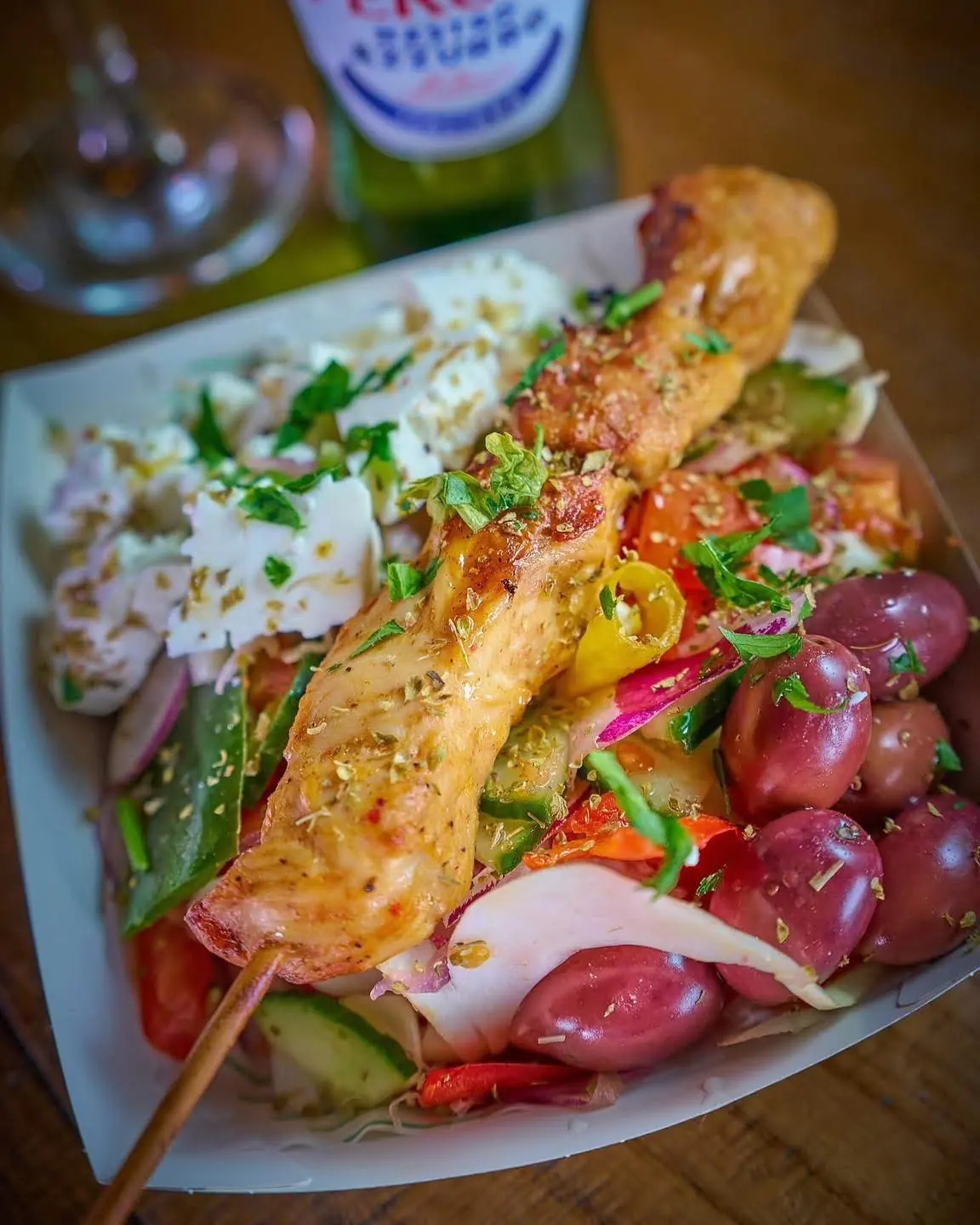 Chicken skewer at Pitamu Greek street food, Southport Market