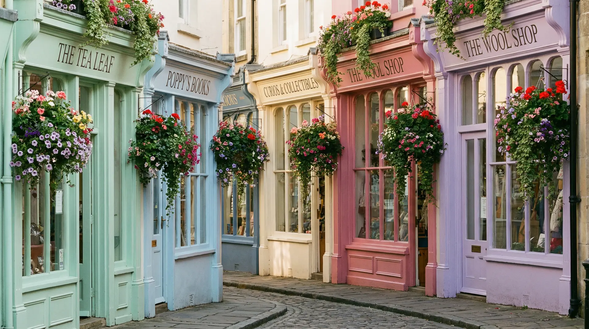 Birkdale Village β independent boutique shopfronts with hanging flower baskets