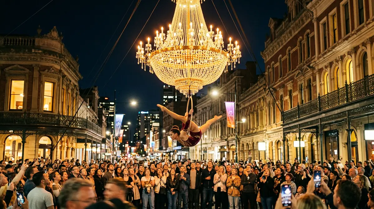 Cristal Palace street theatre on Lord Street Southport, aerial performers and chandelier