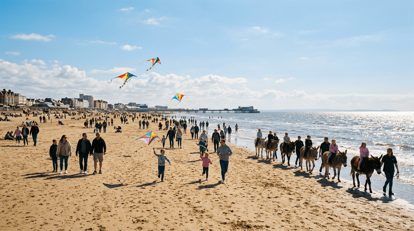 Families on Southport beach at Easter with kites flying and donkeys on the sand