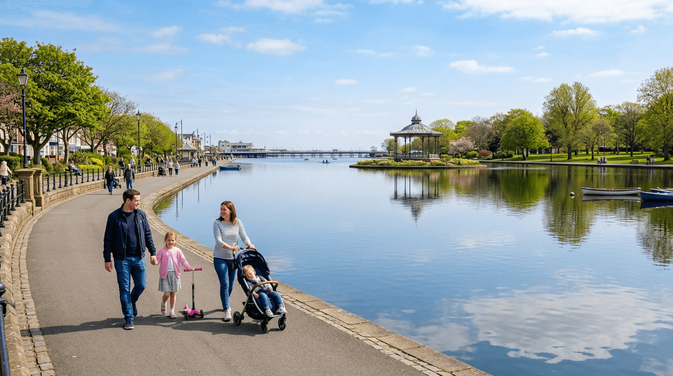 Family walking along the Marine Lake promenade in Southport on a spring day
