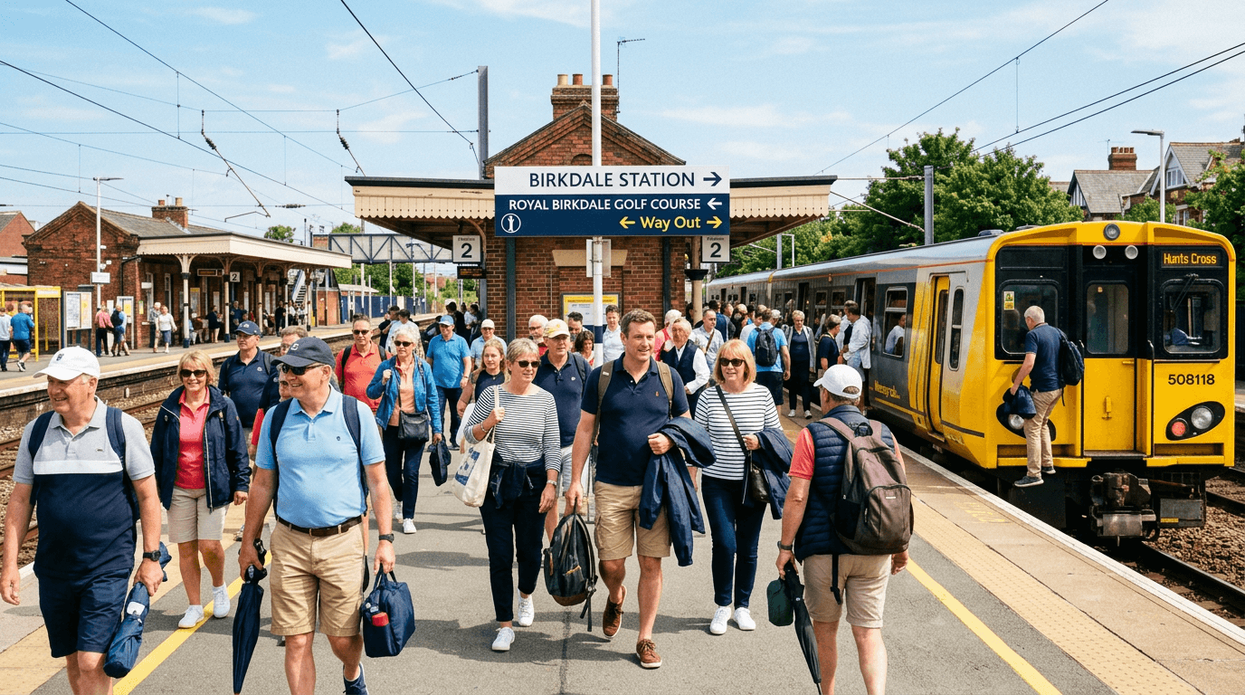 Golf spectators arriving at Birkdale station on the Merseyrail for The Open Championship