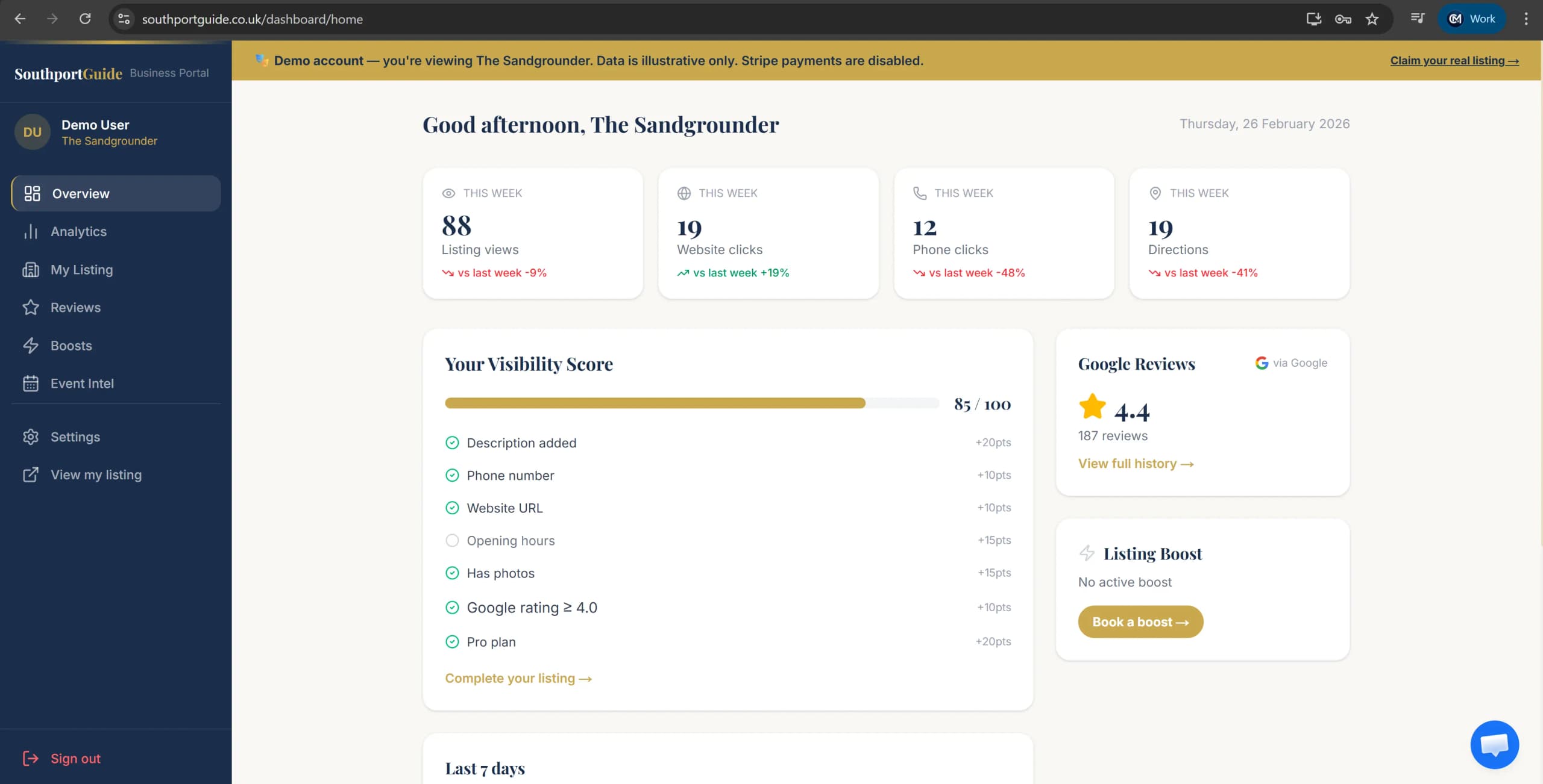 The SouthportGuide Business Hub dashboard showing listing analytics, weekly traffic data and business profile management controls