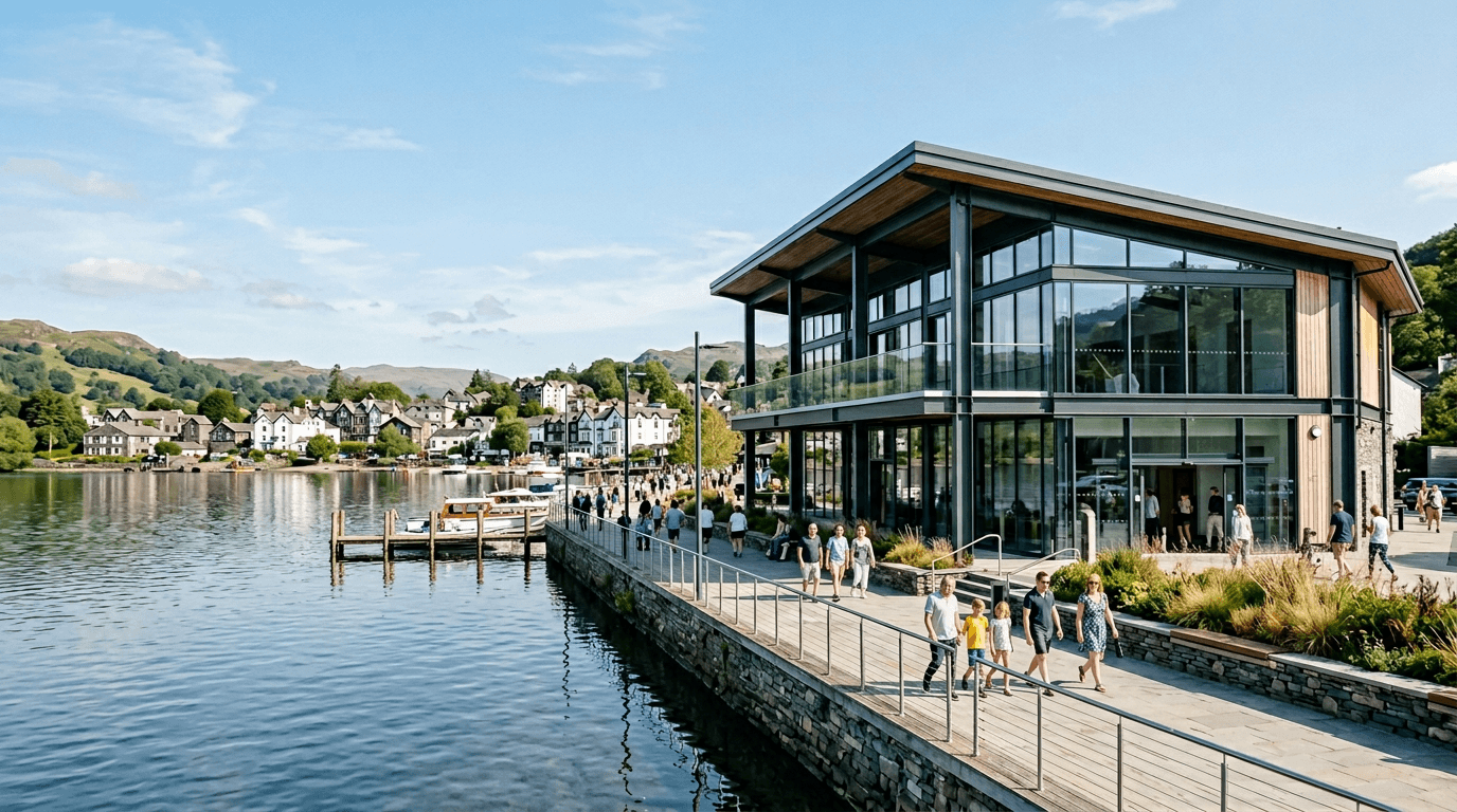 Modern waterfront events centre building on the edge of a lake, glass facade, people walking on a promenade