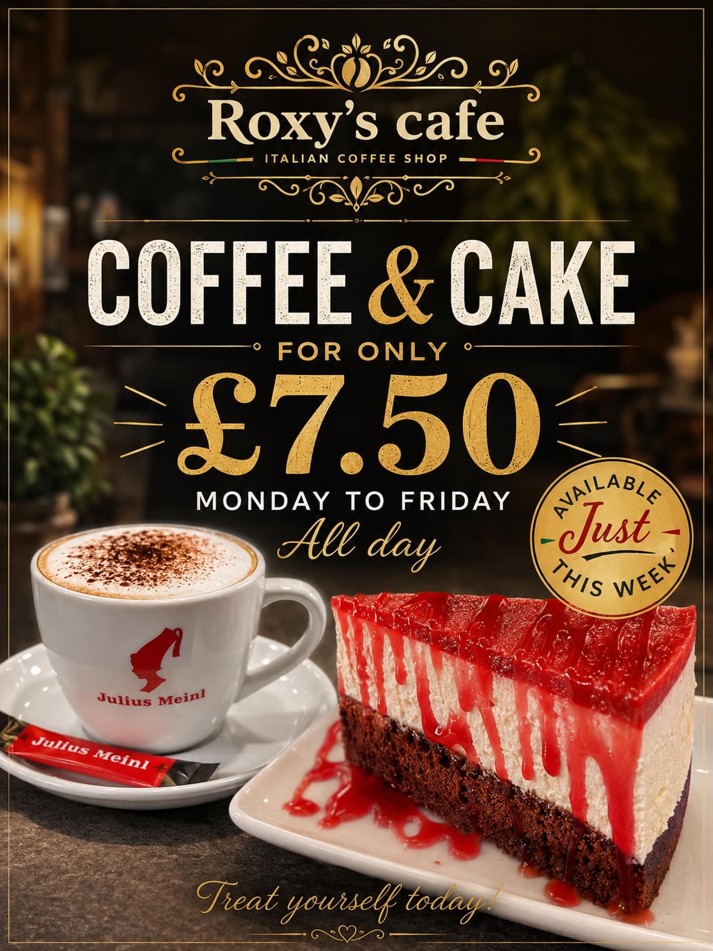 Roxy's Cafe Southport coffee and cake deal, £7.50 Monday to Friday