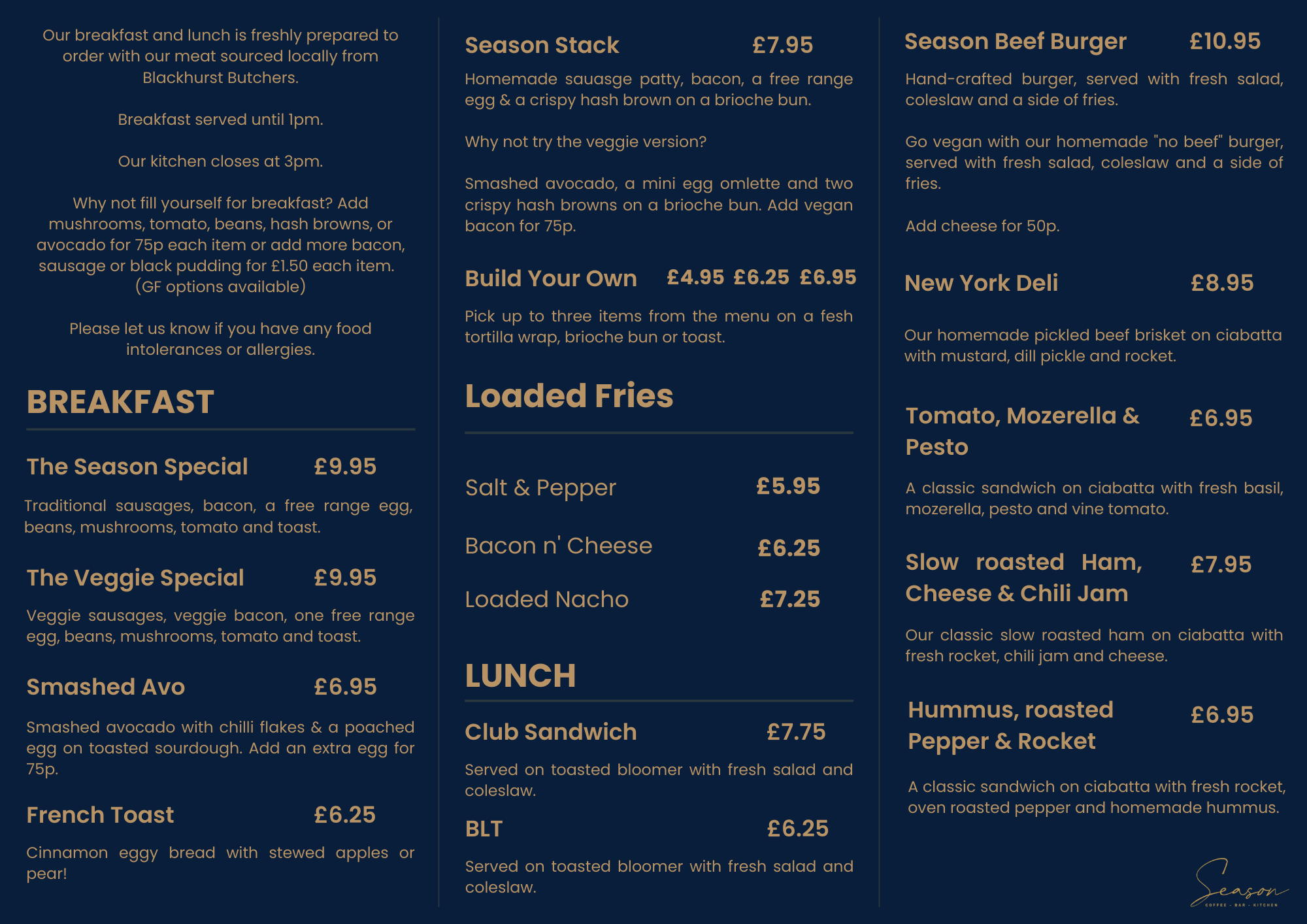 Season Coffee full menu, Southport